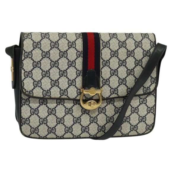 GUCCI GG Supreme Sherry Line Shoulder Bag PVC Navy Gold Red Auth - Picture 2 of 16